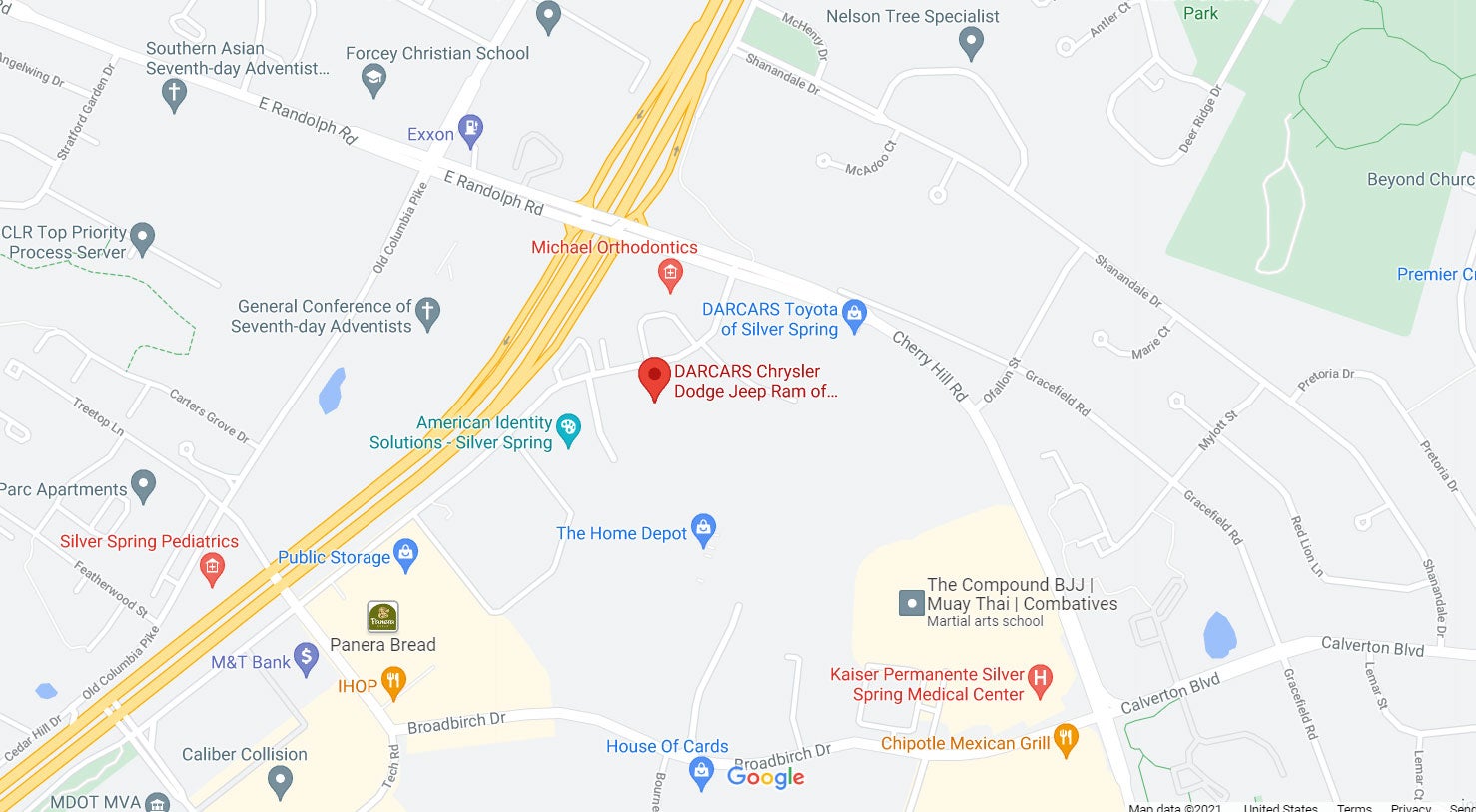 Map of DARCARS Chrysler Dodge Jeep RAM of Silver Spring in Silver Spring MD