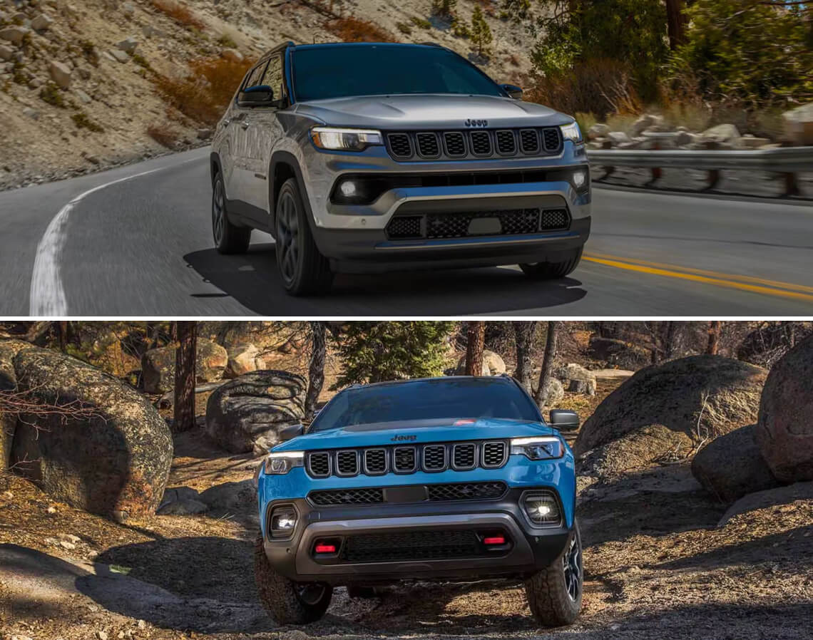 A silver Jeep Compass drives down a sandy mountain road. A blue Jeep Compass offroads on a rocky trail.