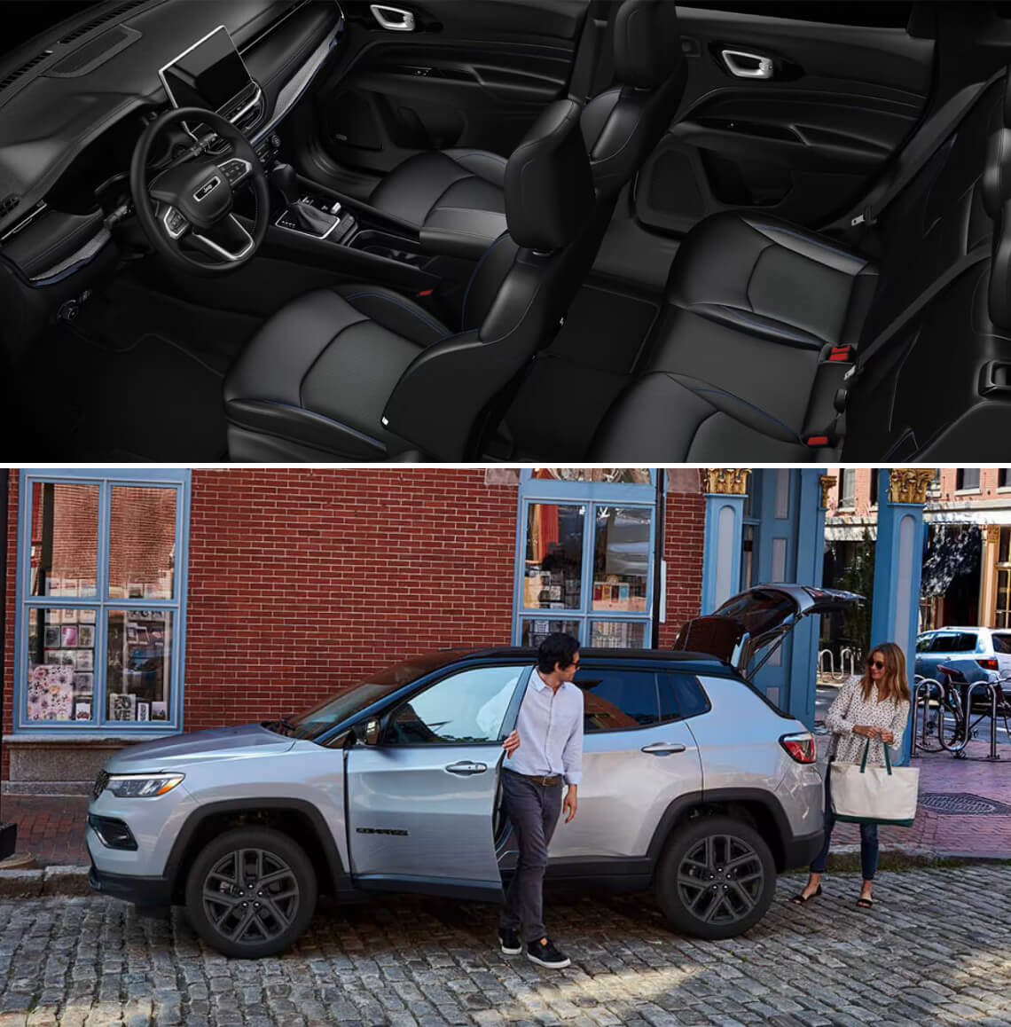 Top-down view of Jeep Compass interior space. Side view of a couple loading a Jeep Compass with shopping bags on a city street.
