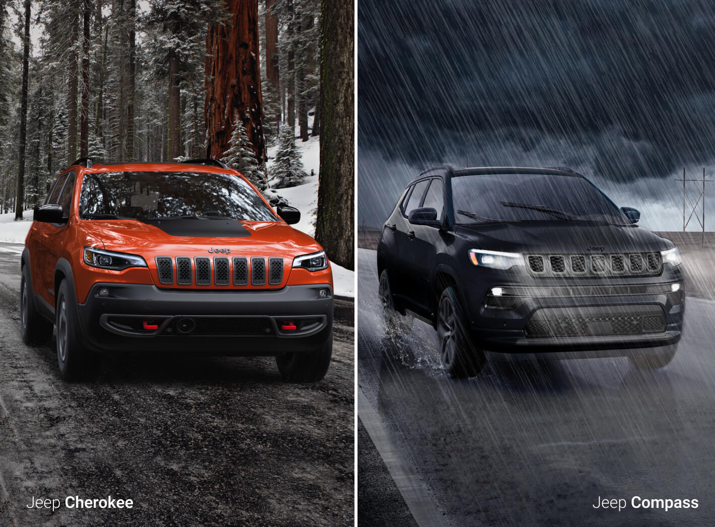 Jeep Cherokee on a snowy forest road | Jeep Compass driving in a storm
