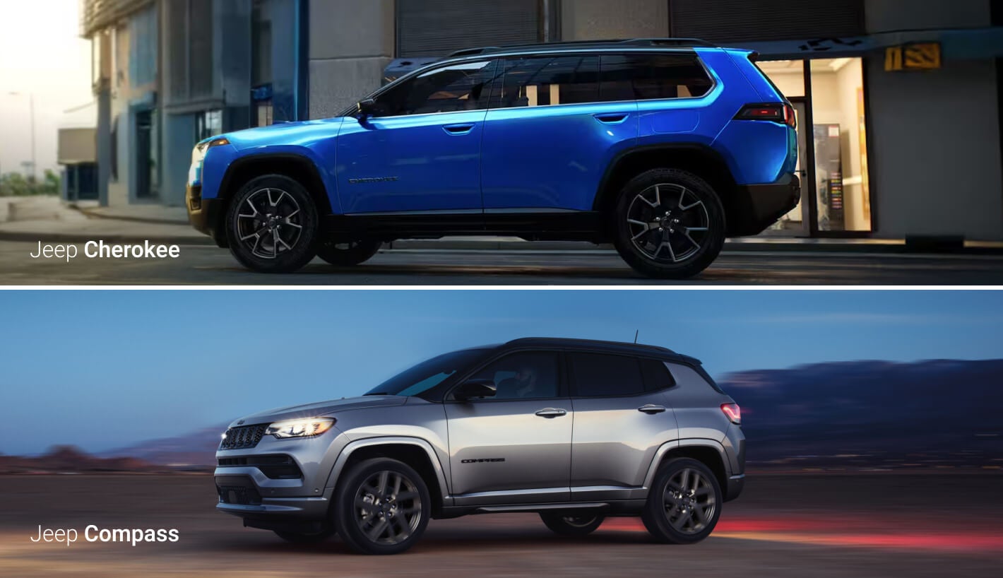 Jeep Cherokee side view parked | Jeep Compass in motion on a dirt lot